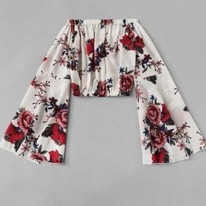 Flounce Sleeve Floral Bardot Crop Top